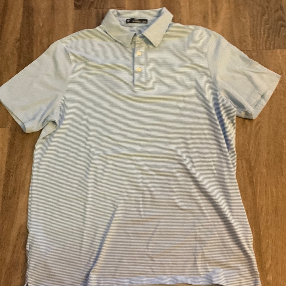 Light blue and white striped polo